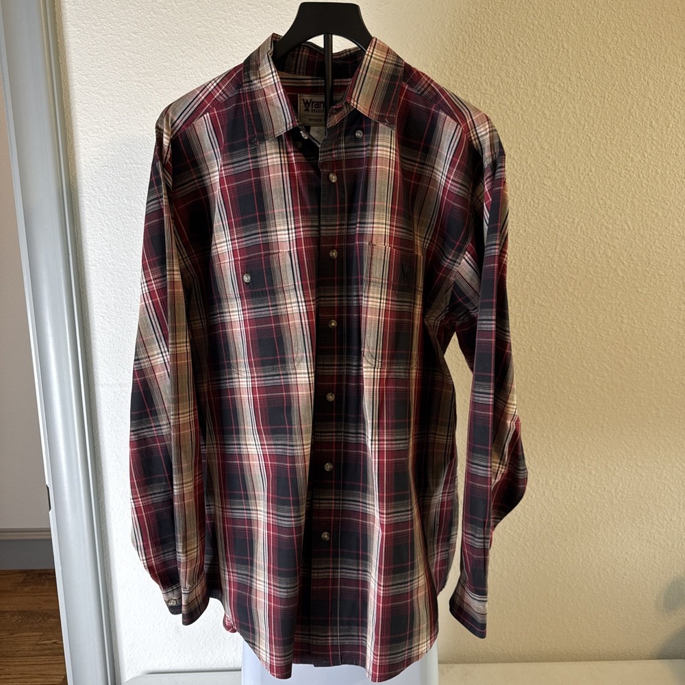 Wrangler Rugged Wear Men's Shirt Res Plaid Long Sleeve Wrinkle Resist Size XL